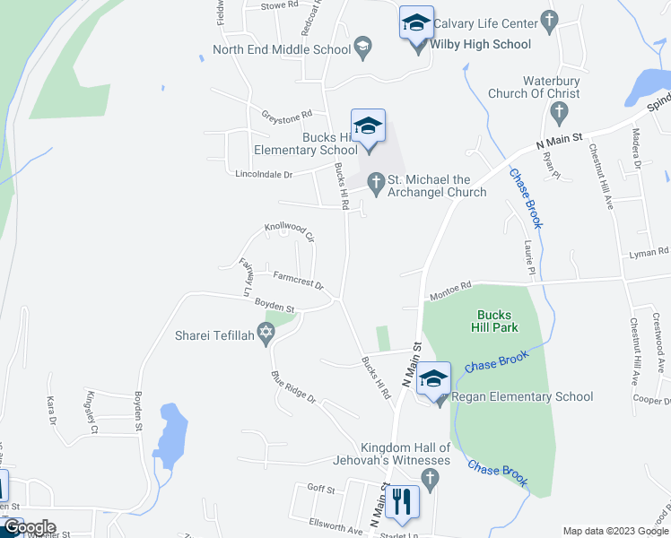 map of restaurants, bars, coffee shops, grocery stores, and more near 201 Bucks Hill Road in Waterbury