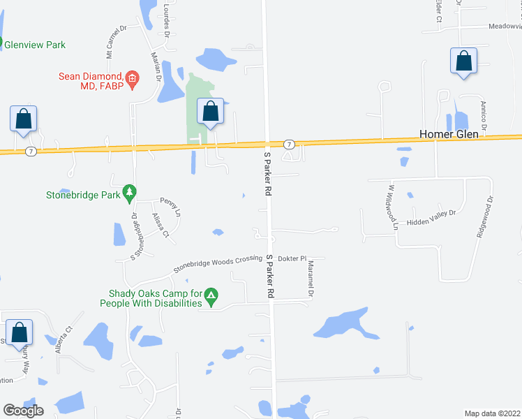 map of restaurants, bars, coffee shops, grocery stores, and more near 16046 South Parker Road in Lockport