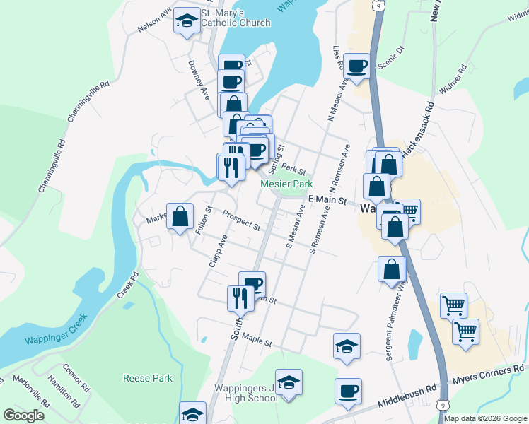 map of restaurants, bars, coffee shops, grocery stores, and more near 1 Andrews Place in Wappingers Falls