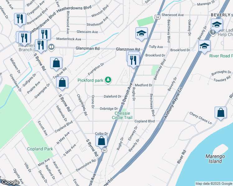 map of restaurants, bars, coffee shops, grocery stores, and more near 2932 Daleford Drive in Toledo