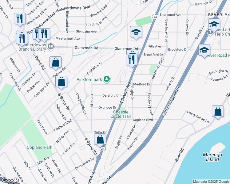map of restaurants, bars, coffee shops, grocery stores, and more near 2932 Daleford Dr in Toledo