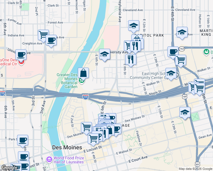 map of restaurants, bars, coffee shops, grocery stores, and more near 700 Walker Street in Des Moines