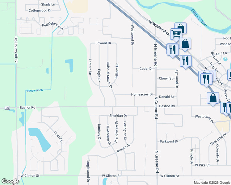 map of restaurants, bars, coffee shops, grocery stores, and more near 828 Colonial Manor Dr in Goshen