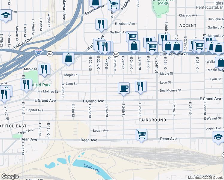 map of restaurants, bars, coffee shops, grocery stores, and more near 2318 Des Moines Street in Des Moines