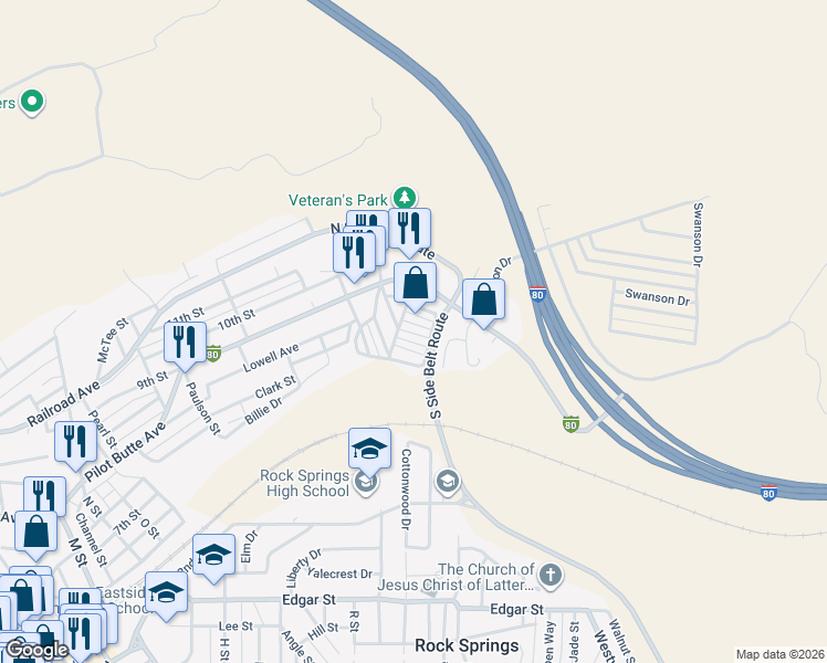 map of restaurants, bars, coffee shops, grocery stores, and more near 1885 Richards Gap in Rock Springs