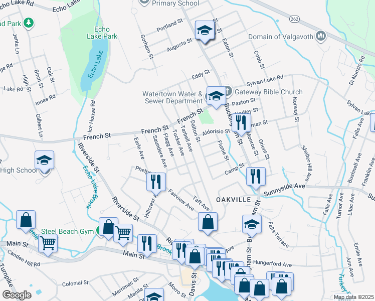 map of restaurants, bars, coffee shops, grocery stores, and more near 159 Tarbell Avenue in Watertown