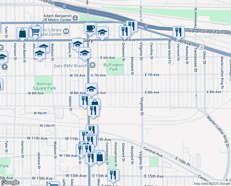 map of restaurants, bars, coffee shops, grocery stores, and more near 801 Pennsylvania Street in Gary