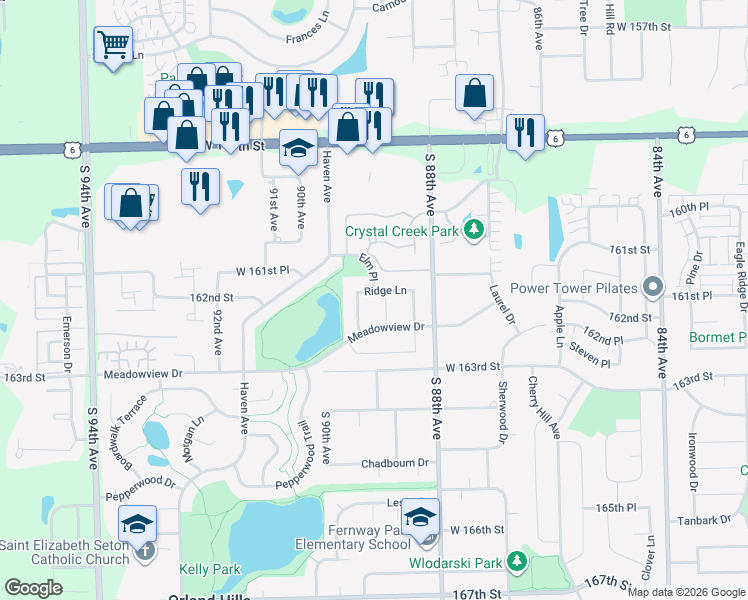 map of restaurants, bars, coffee shops, grocery stores, and more near 8907 Ridge Lane in Orland Hills