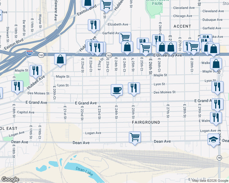 map of restaurants, bars, coffee shops, grocery stores, and more near 618 East 24th Street in Des Moines
