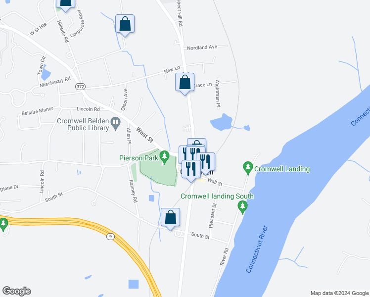 map of restaurants, bars, coffee shops, grocery stores, and more near 4 South Park Place in Cromwell