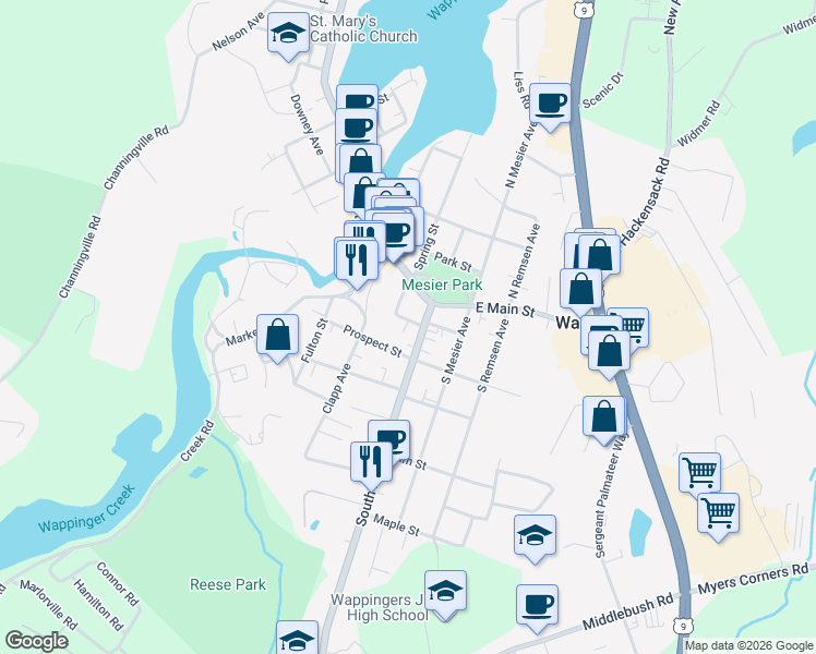 map of restaurants, bars, coffee shops, grocery stores, and more near 1 Andrews Place in Wappingers Falls