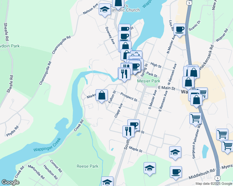 map of restaurants, bars, coffee shops, grocery stores, and more near 3 Prospect Street in Wappingers Falls