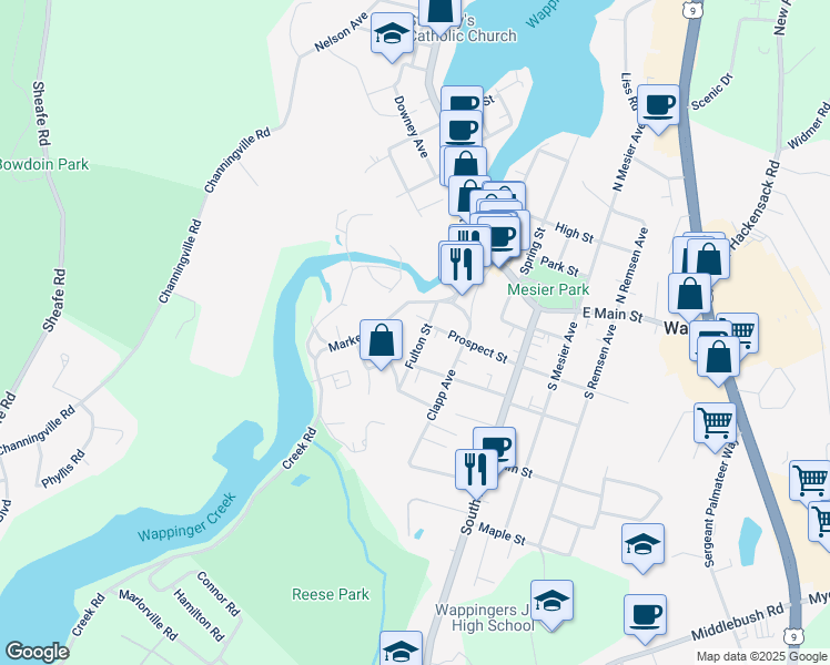 map of restaurants, bars, coffee shops, grocery stores, and more near 10 Dutchess Avenue in Wappingers Falls