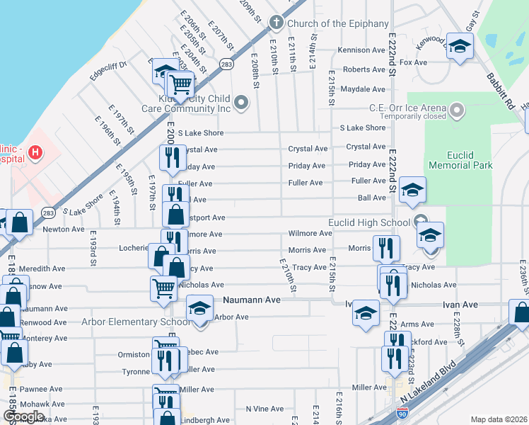 map of restaurants, bars, coffee shops, grocery stores, and more near 21031 Westport Avenue in Euclid