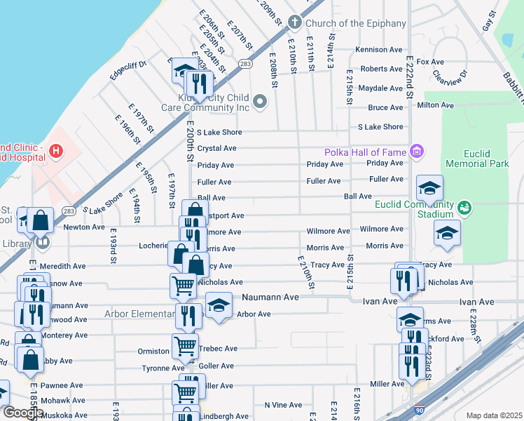 map of restaurants, bars, coffee shops, grocery stores, and more near 20771 Westport Avenue in Euclid