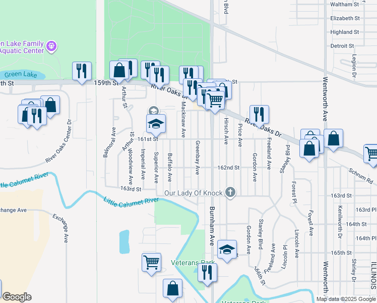 map of restaurants, bars, coffee shops, grocery stores, and more near 1319 Mackinaw Avenue in Calumet City