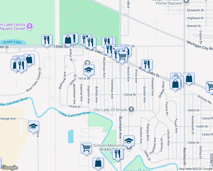 map of restaurants, bars, coffee shops, grocery stores, and more near 1319 Mackinaw Avenue in Calumet City