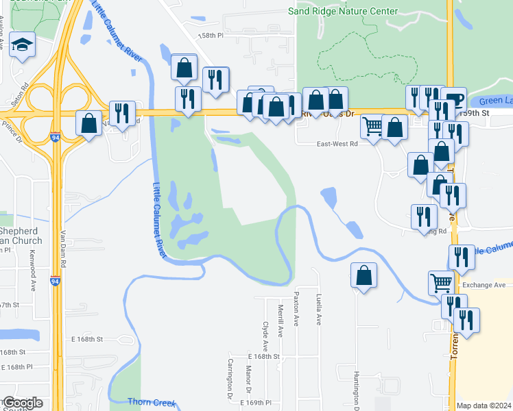 map of restaurants, bars, coffee shops, grocery stores, and more near 400 Park Avenue in Calumet City