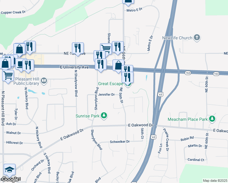 map of restaurants, bars, coffee shops, grocery stores, and more near 600 Northeast 56th Street in Pleasant Hill