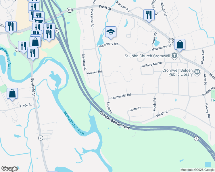 map of restaurants, bars, coffee shops, grocery stores, and more near 20 Hicksville Road in Cromwell