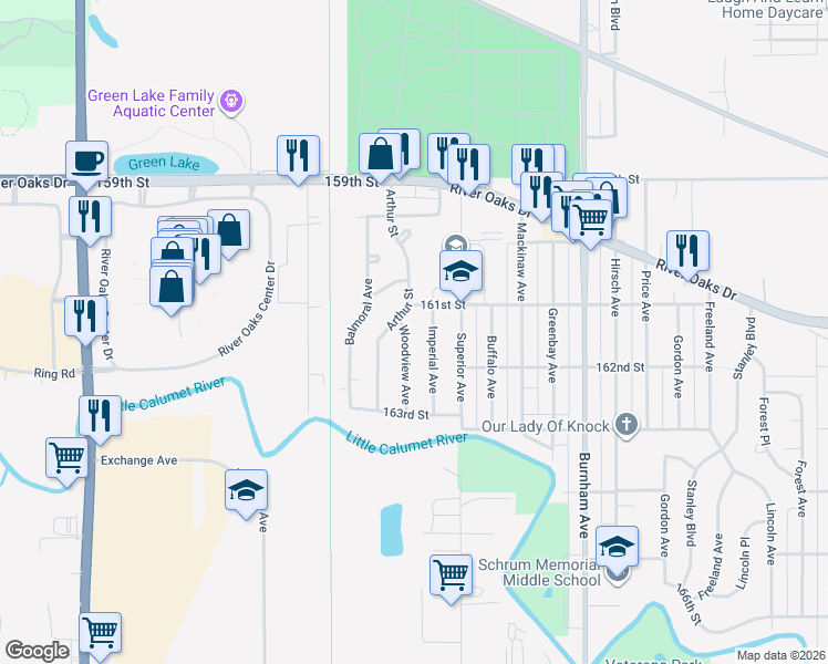 map of restaurants, bars, coffee shops, grocery stores, and more near 1329 Woodview Avenue in Calumet City