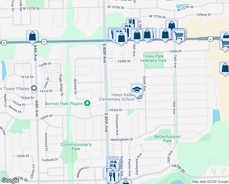 map of restaurants, bars, coffee shops, grocery stores, and more near 16212 Princeton Avenue in Tinley Park