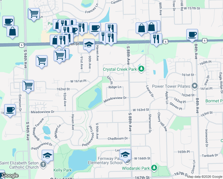 map of restaurants, bars, coffee shops, grocery stores, and more near 8907 Ridge Lane in Orland Hills