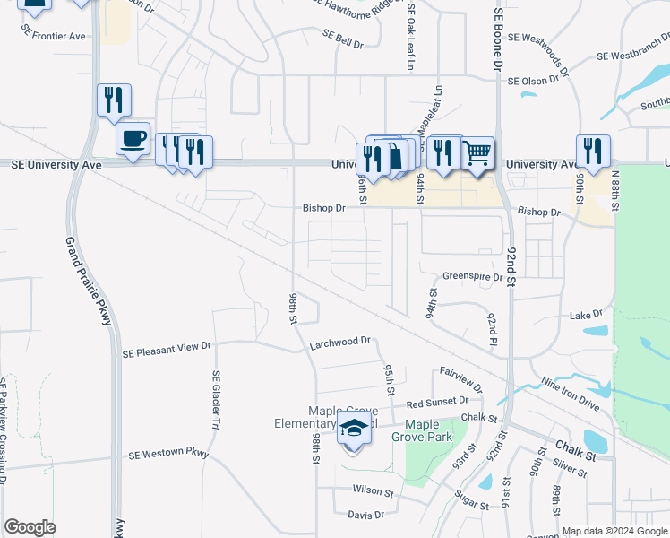 map of restaurants, bars, coffee shops, grocery stores, and more near 9696 Crestview Drive in Waukee