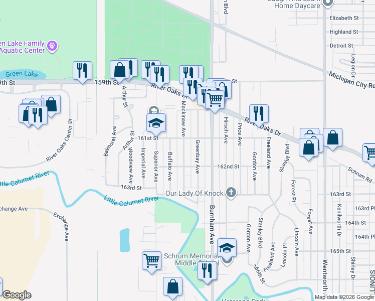 map of restaurants, bars, coffee shops, grocery stores, and more near 1319 Mackinaw Avenue in Calumet City