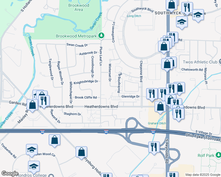 map of restaurants, bars, coffee shops, grocery stores, and more near 2343 Winterset Drive in Toledo