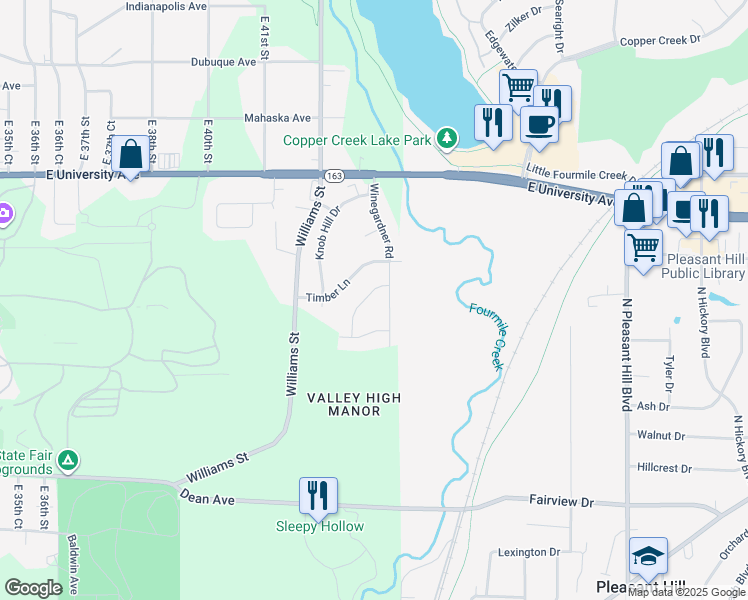 map of restaurants, bars, coffee shops, grocery stores, and more near 711 Hickory Hill Lane in Des Moines