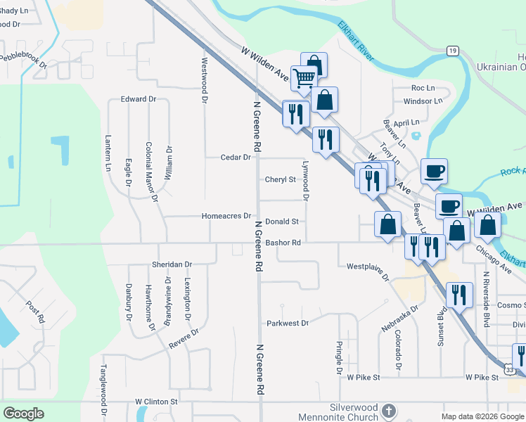 map of restaurants, bars, coffee shops, grocery stores, and more near 902 North Greene Road in Goshen