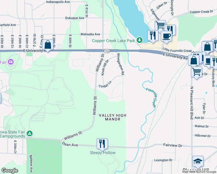 map of restaurants, bars, coffee shops, grocery stores, and more near 4169 Timber Lane in Des Moines