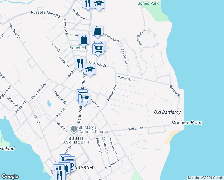 map of restaurants, bars, coffee shops, grocery stores, and more near 118 Prospect Street in Dartmouth