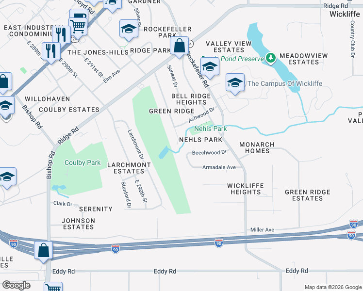 map of restaurants, bars, coffee shops, grocery stores, and more near 2316 Green Ridge Drive in Wickliffe