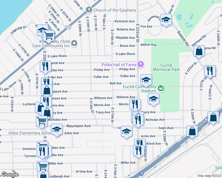 map of restaurants, bars, coffee shops, grocery stores, and more near 21491 Westport Avenue in Euclid