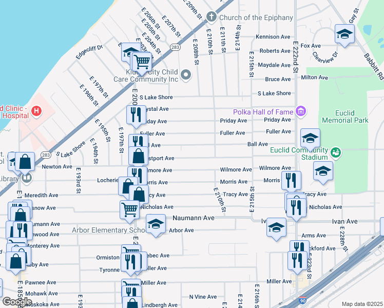 map of restaurants, bars, coffee shops, grocery stores, and more near 20771 Westport Ave in Euclid