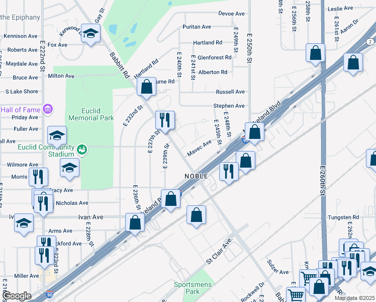 map of restaurants, bars, coffee shops, grocery stores, and more near 24351 Mavec Avenue in Euclid