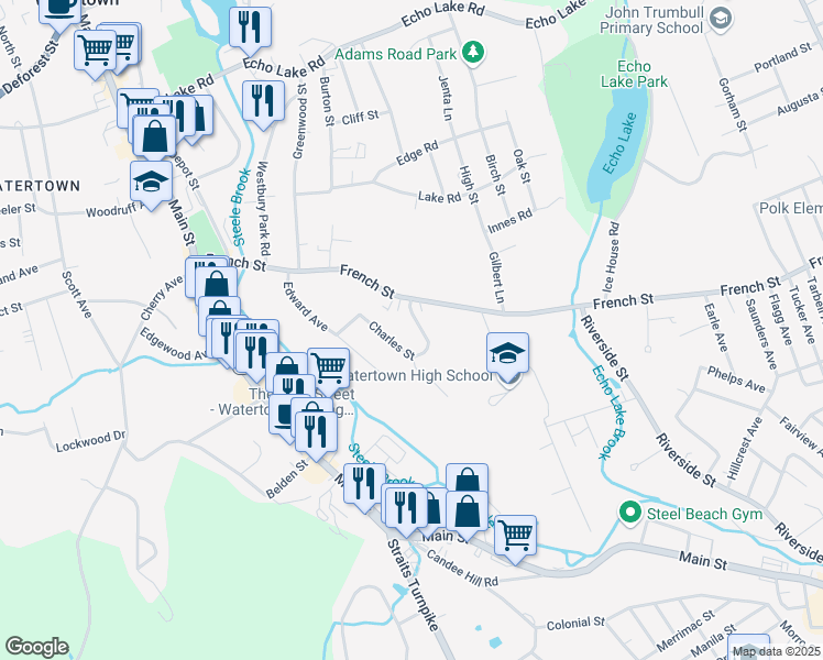 map of restaurants, bars, coffee shops, grocery stores, and more near 121 Charles Street in Watertown
