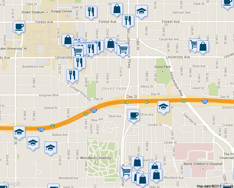map of restaurants, bars, coffee shops, grocery stores, and more near 1040 21st Street in Des Moines