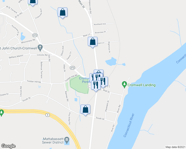 map of restaurants, bars, coffee shops, grocery stores, and more near 4 South Park Place in Cromwell