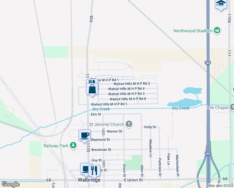 map of restaurants, bars, coffee shops, grocery stores, and more near Walnut Hills M H P Road 3 in Walbridge