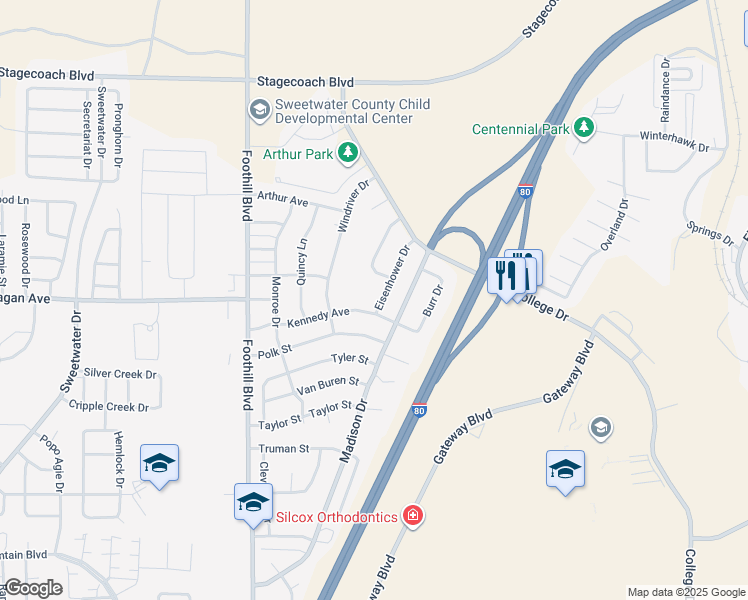 map of restaurants, bars, coffee shops, grocery stores, and more near 804 Eisenhower Drive in Rock Springs
