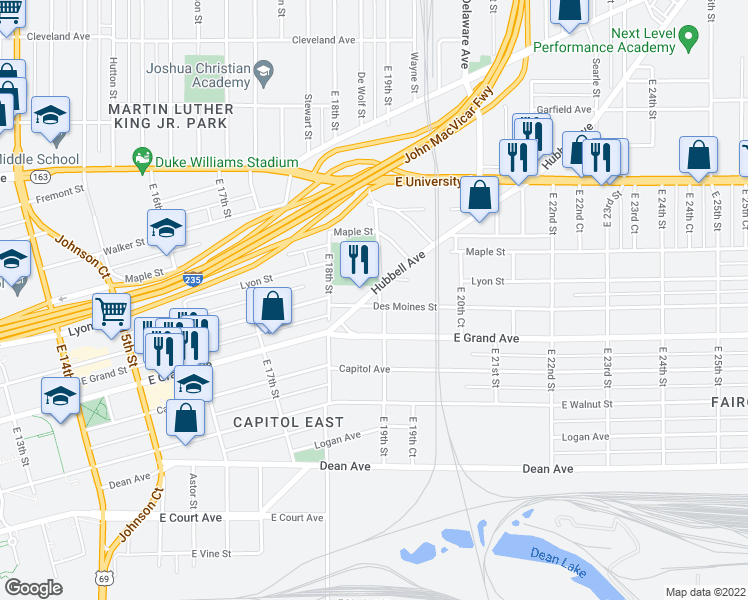 map of restaurants, bars, coffee shops, grocery stores, and more near 1833 Hubbell Ave in Des Moines
