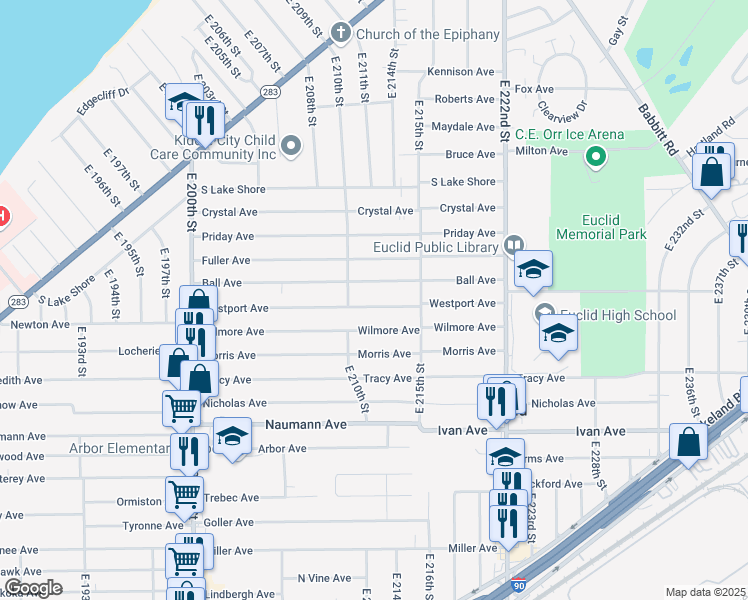 map of restaurants, bars, coffee shops, grocery stores, and more near 21251 Westport Avenue in Euclid