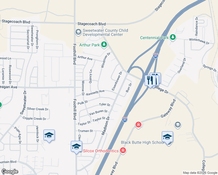 map of restaurants, bars, coffee shops, grocery stores, and more near 804 Eisenhower Drive in Rock Springs