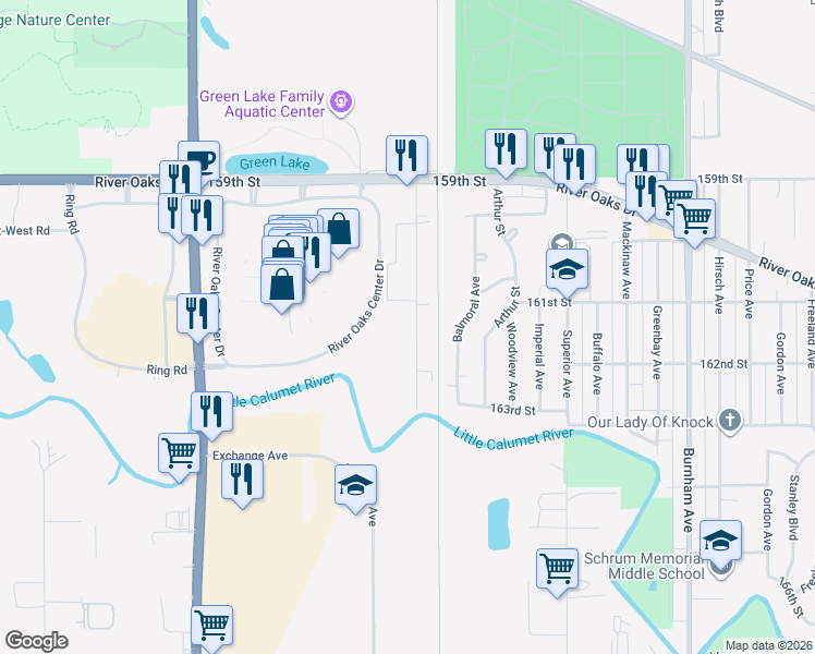 map of restaurants, bars, coffee shops, grocery stores, and more near 1322 River Dr in Calumet City