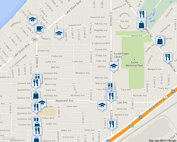 map of restaurants, bars, coffee shops, grocery stores, and more near 21471 Westport Avenue in Euclid
