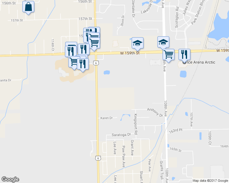 map of restaurants, bars, coffee shops, grocery stores, and more near 16101 Wolf Road in Orland Park