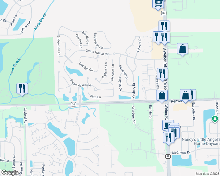 map of restaurants, bars, coffee shops, grocery stores, and more near 1458 Grand Haven Road in Romeoville